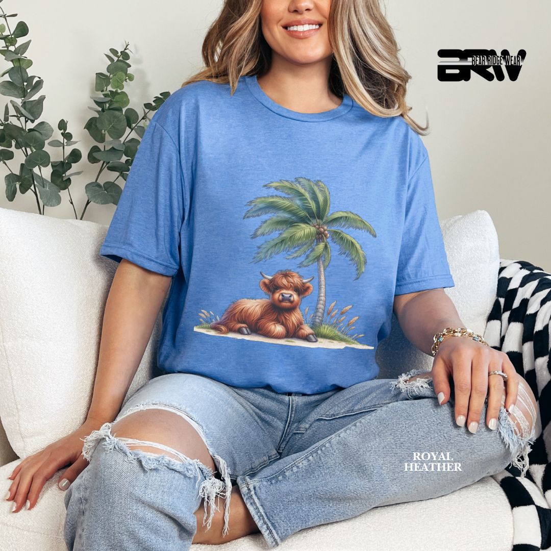 'Highland Cow-Palm Tree' 2 Summer Tee