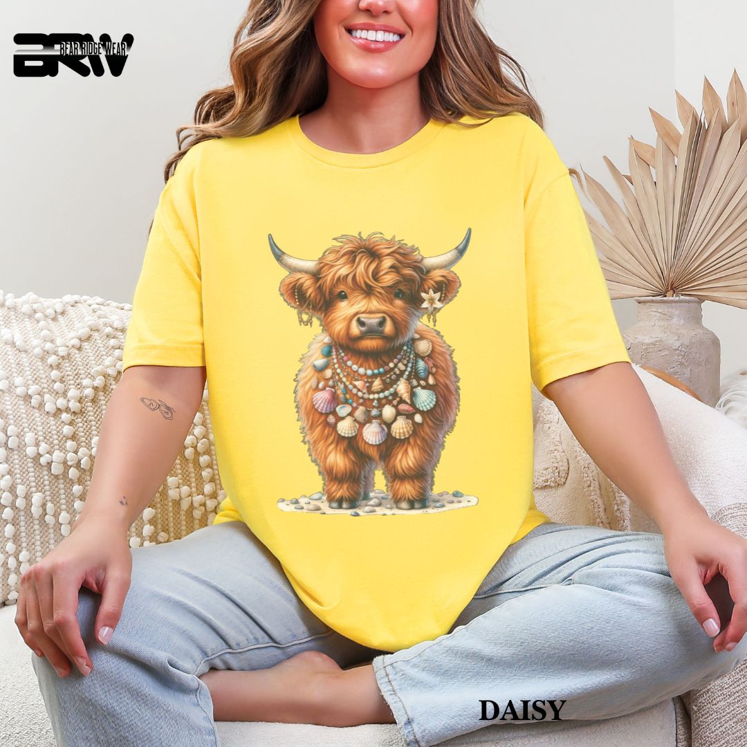 'Highland Cow-Lei Sea Shells' Summer Tee