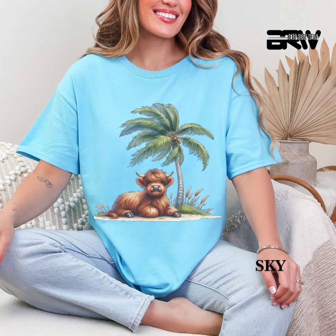 'Highland Cow-Palm Tree' 3 Summer Tee