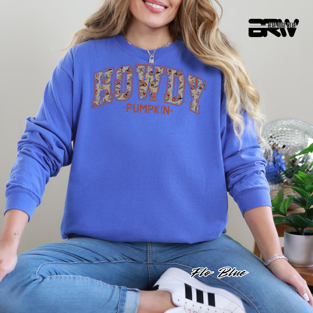 Person wearing a blue sweatshirt with 'HOWDY PUMPKIN' text, sitting indoors.