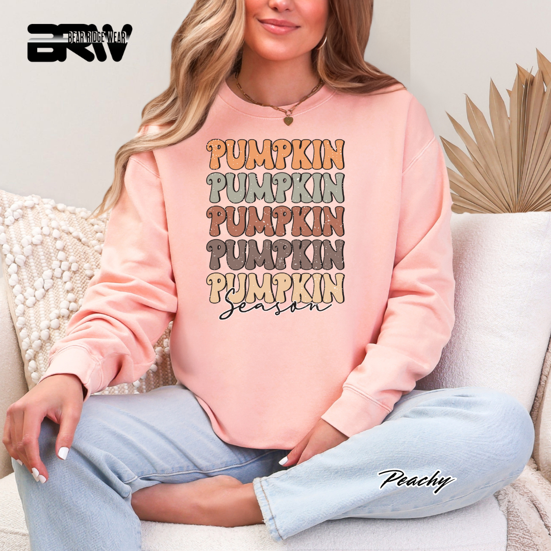 Person wearing a pink sweatshirt with 'Pumpkin' text pattern, sitting on a couch.
