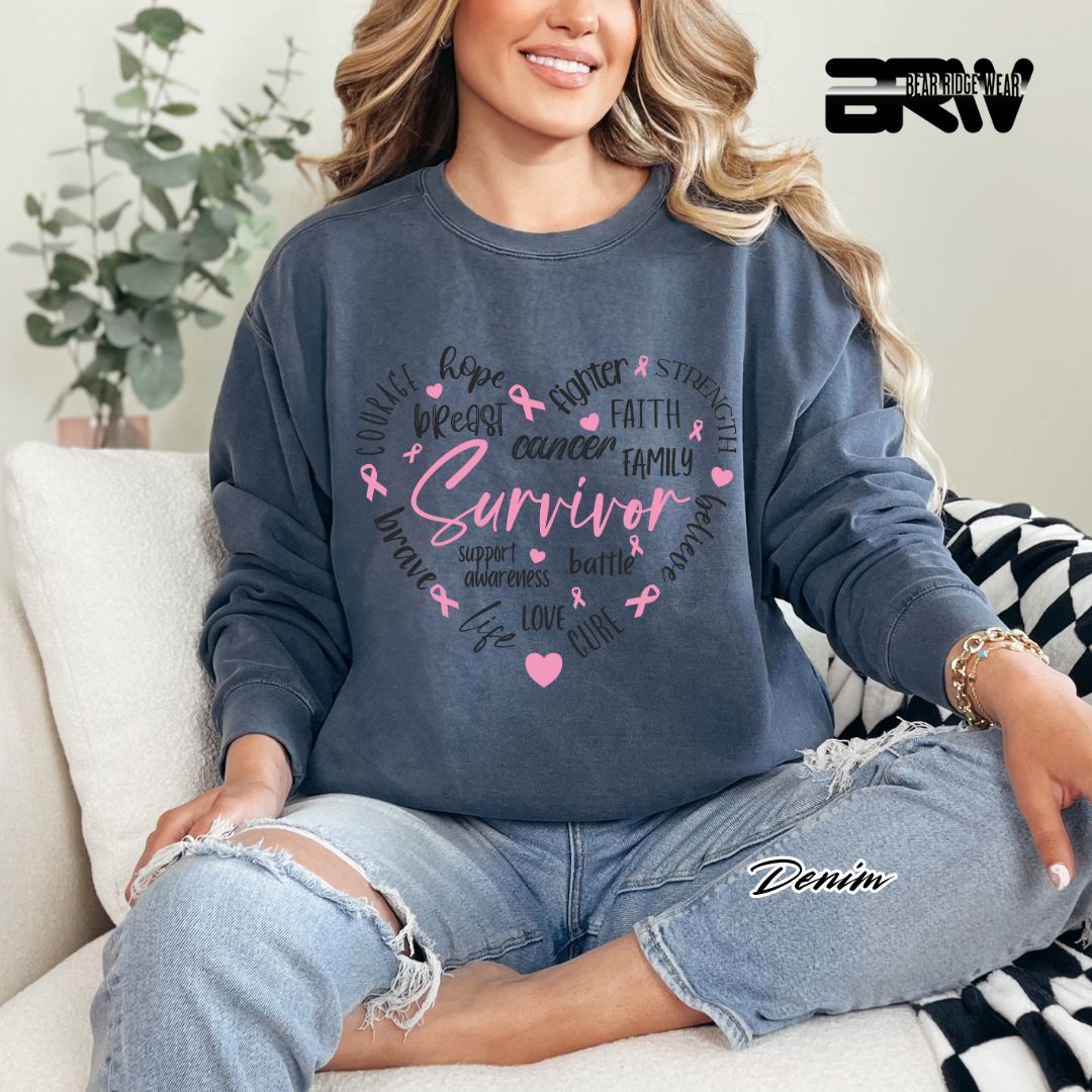 'Survivor Inside Heart Shape Texts' Awareness Crewneck Sweatshirt