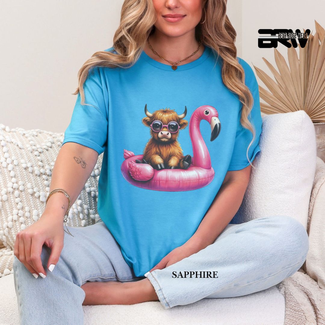 'Highland Cow- Flamingo Float' 3 Summer Tee