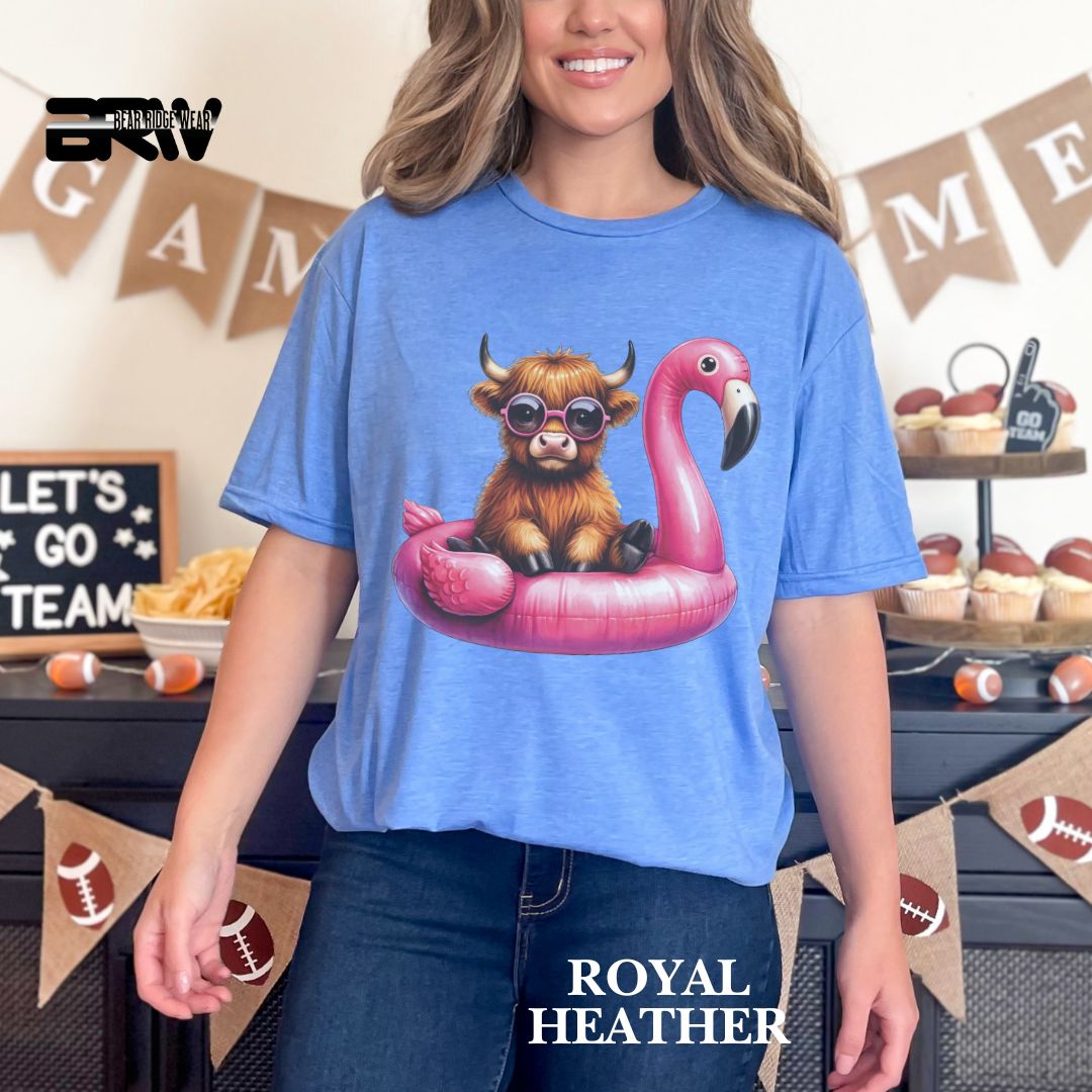'Highland Cow- Flamingo Float' 2 Summer Tee