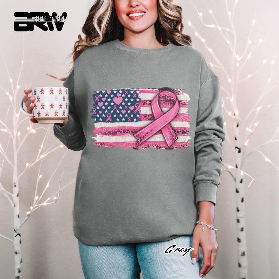 'USA Flag With Pink Ribbon' Awareness Long Sleeve Tee