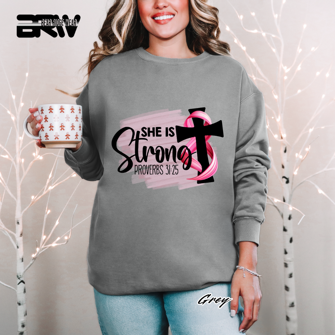 'She Is Strong, Proverbs 31:25' Awareness Crewneck Sweatshirt
