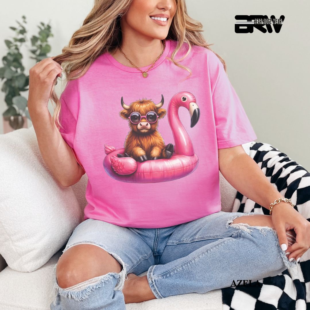 'Highland Cow-Flamingo Float' Summer Tee