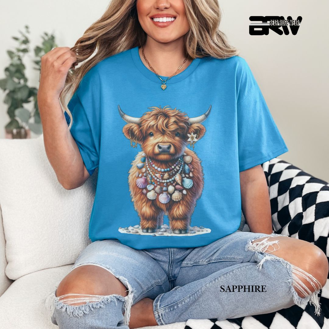 'Highland Cow-Lei Sea Shells' 3 Summer Tee