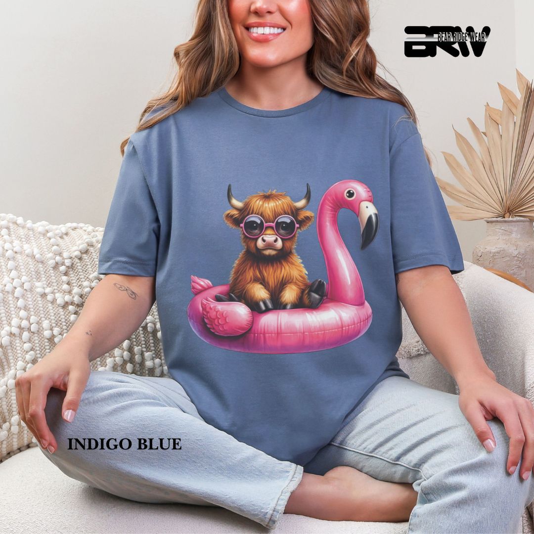 'Highland Cow- Flamingo Float' 3 Summer Tee