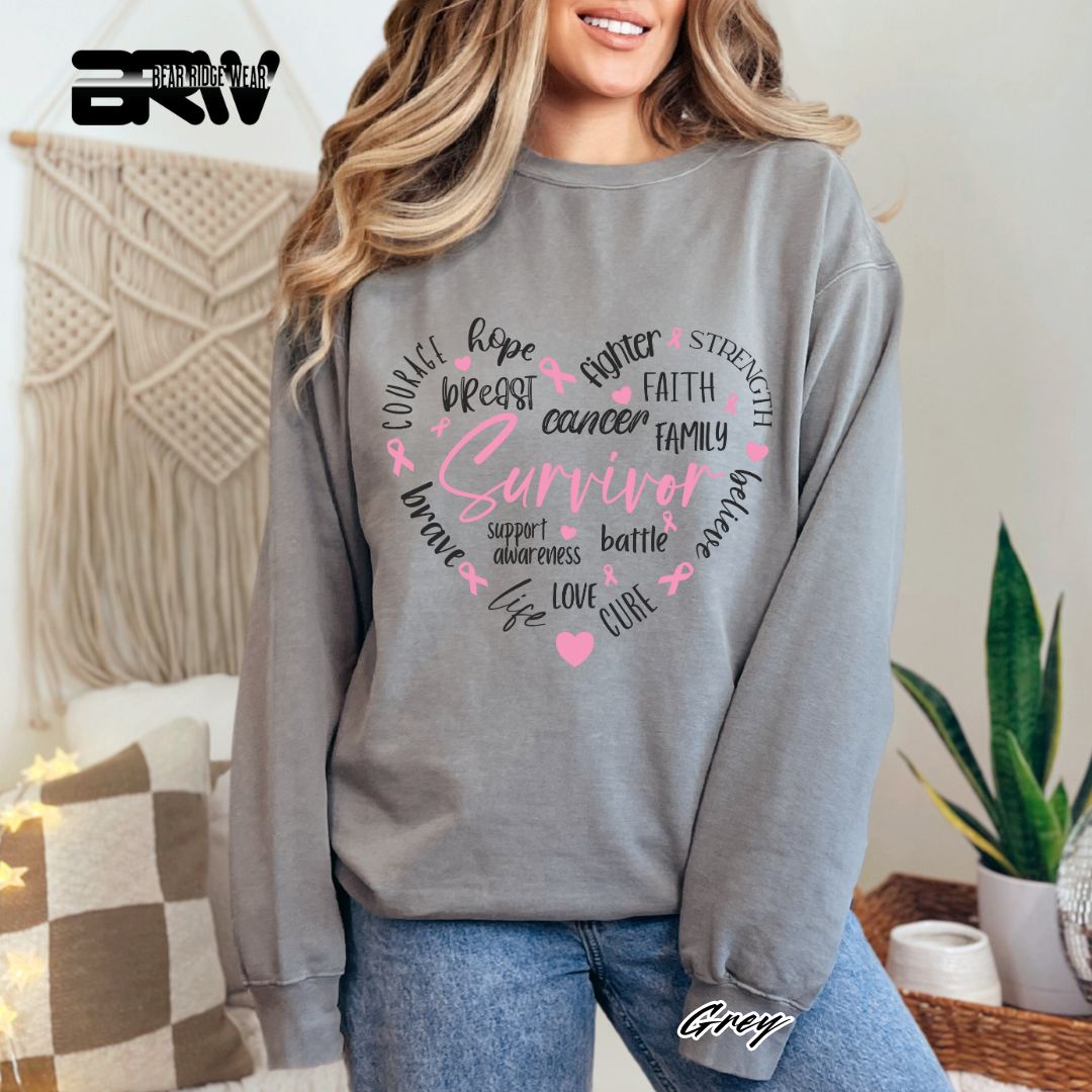 'Survivor Inside Heart Shape Texts' Awareness Crewneck Sweatshirt