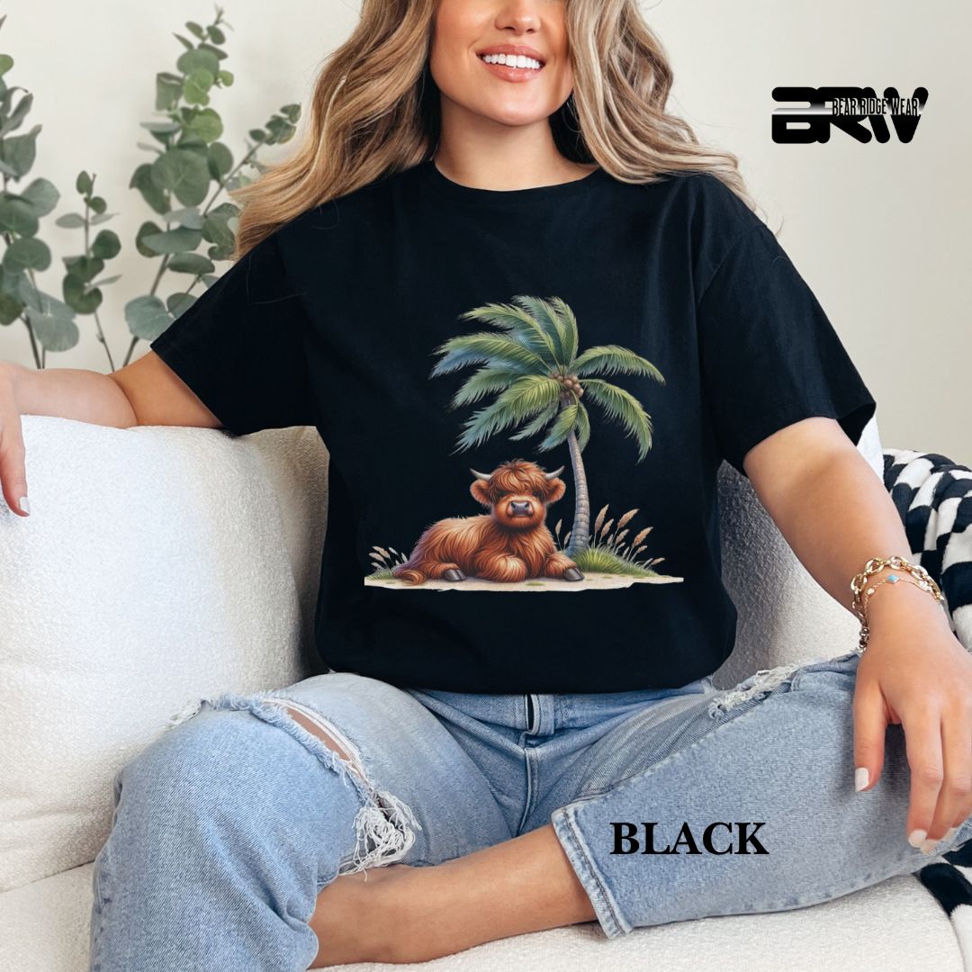 'Highland Cow-Palm Tree' Summer Tee