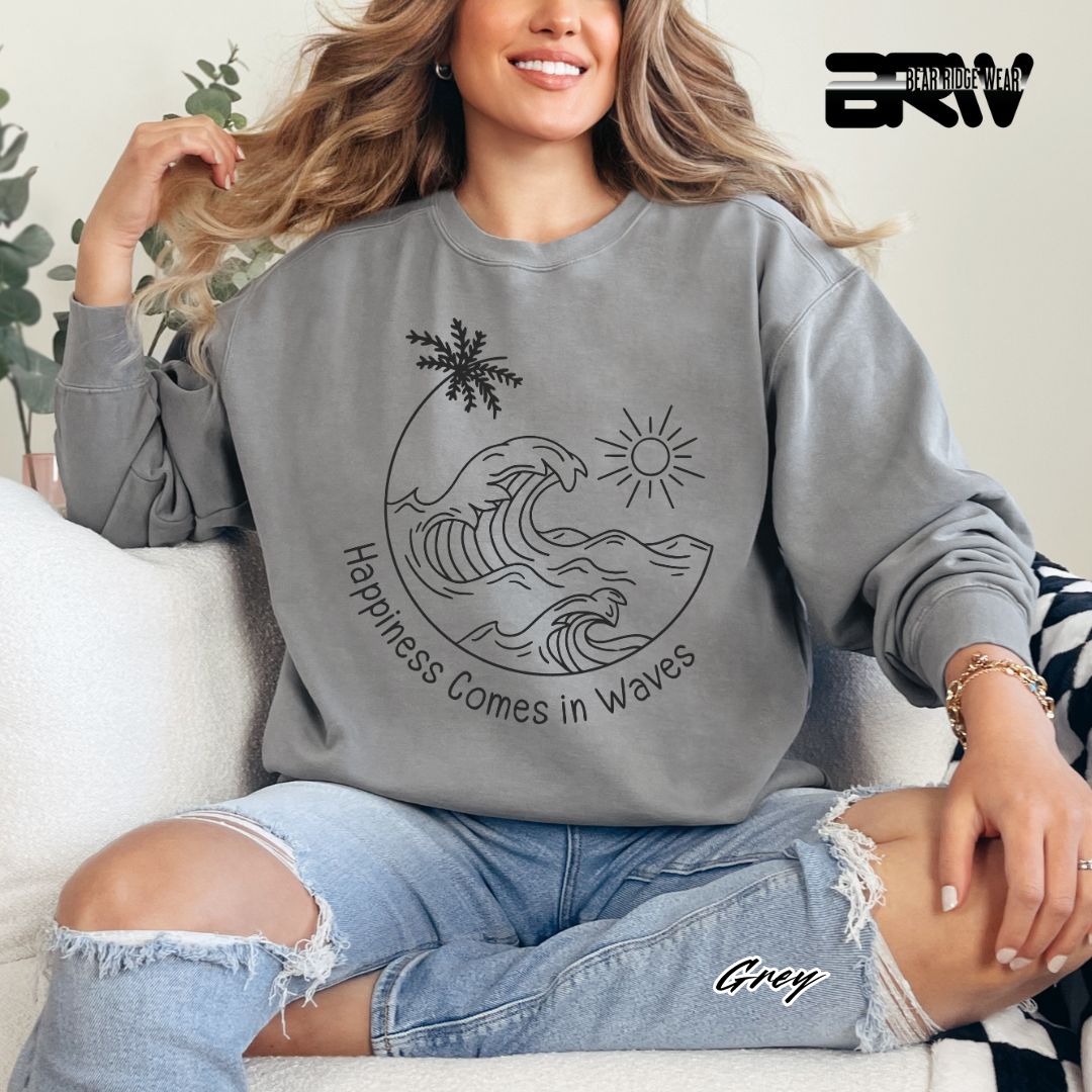 'Happiness Comes In Waves' Black Summer Crewneck Sweatshirt