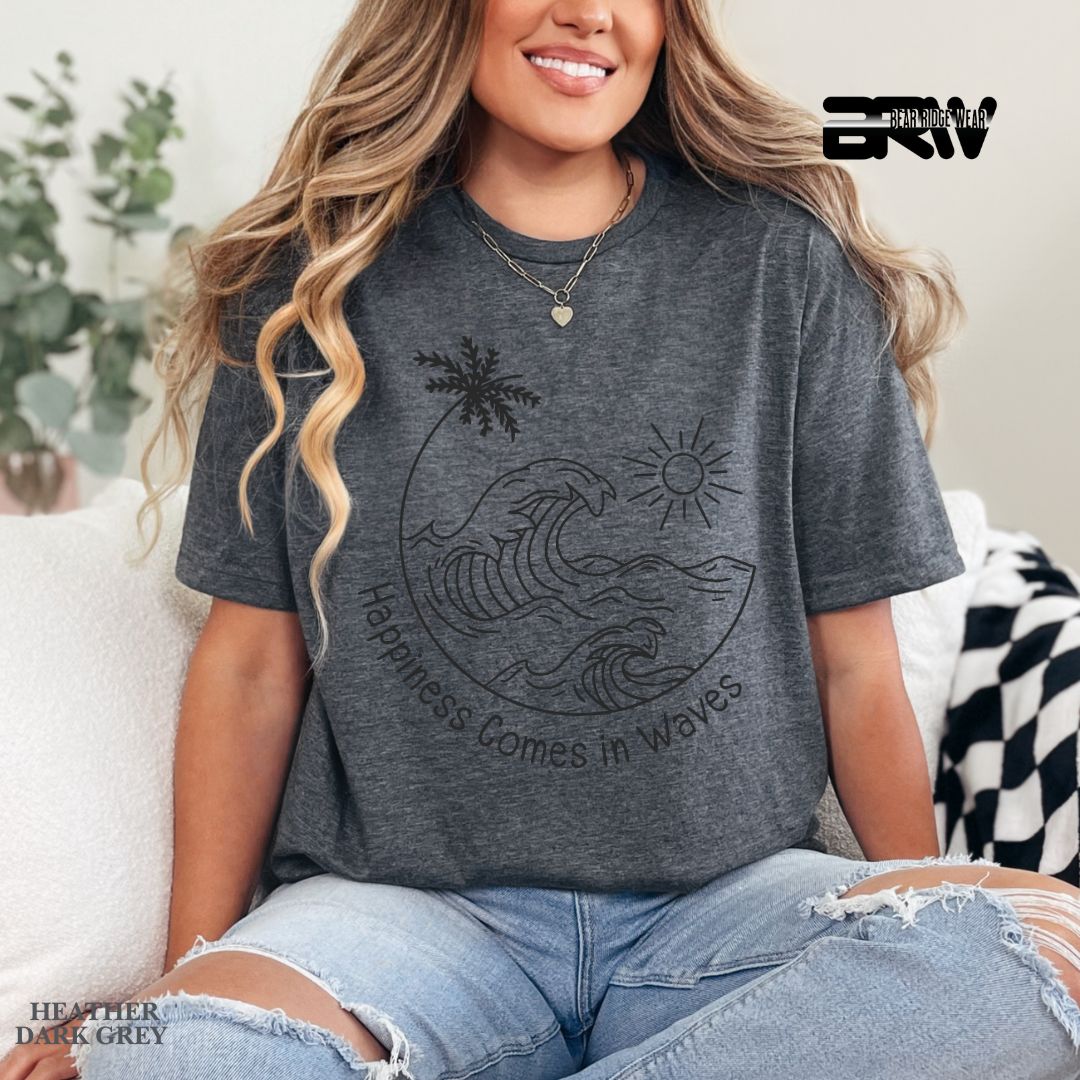 'Happiness Comes In Waves' Black Color 2 Summer Tee