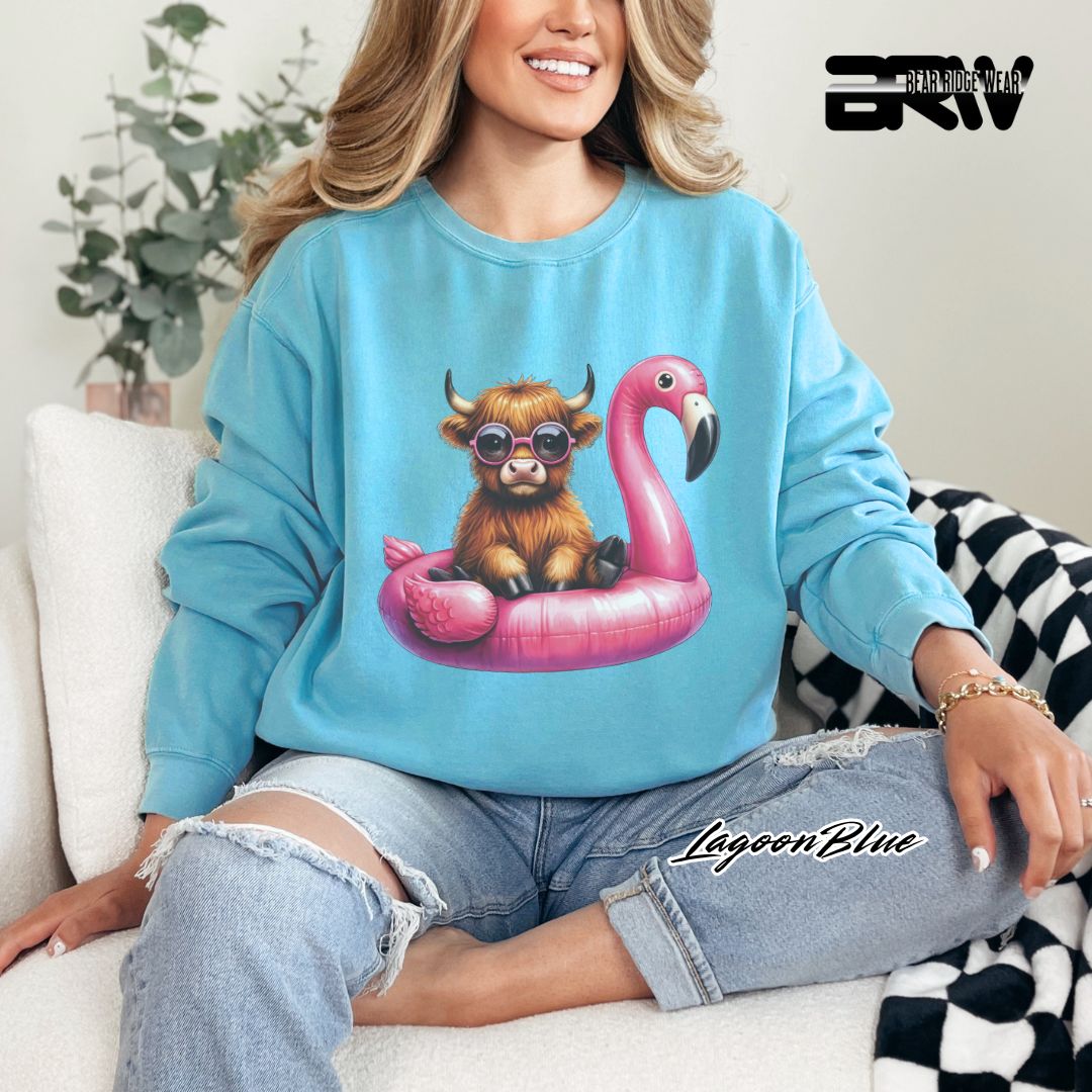 'Highland Cow-Flamingo Float' Summer Crewneck Sweatshirt