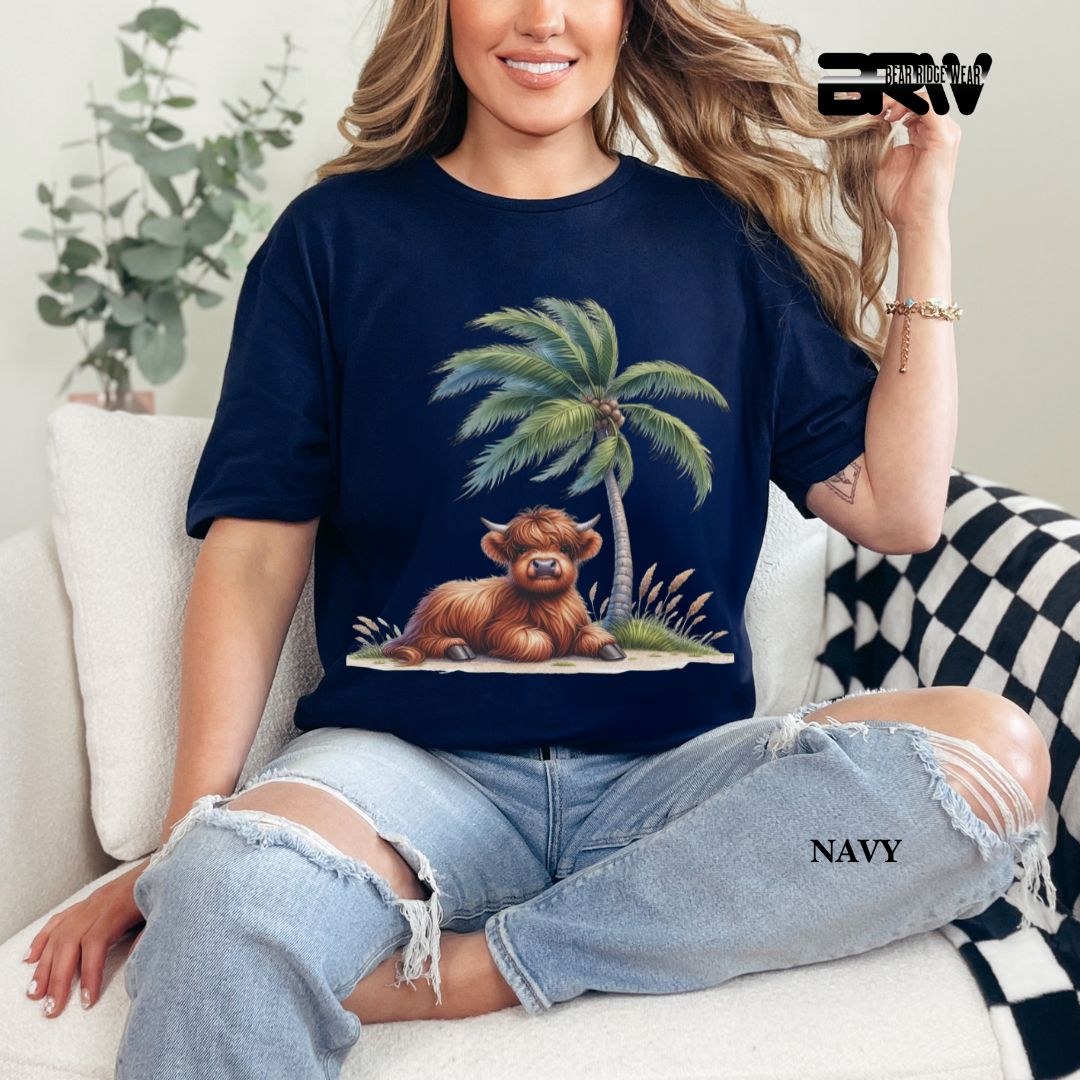 'Highland Cow-Palm Tree' 3 Summer Tee