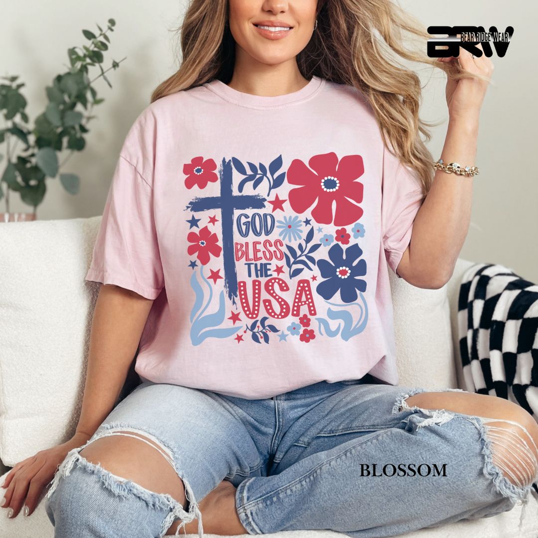 God Bless The USA-Cross Flowers- Patriotic Tee