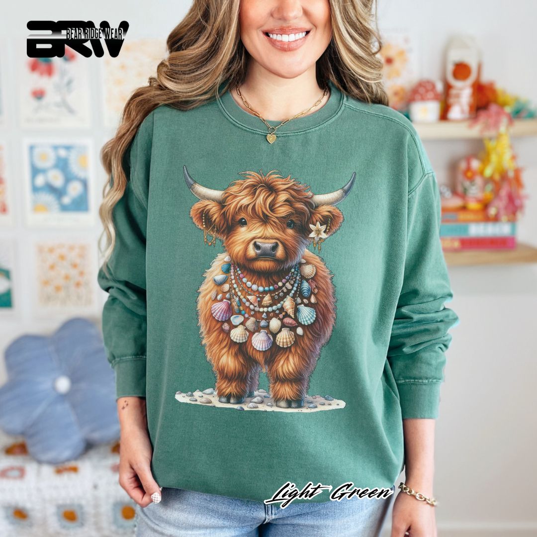 'Highland Cow-Lei-Sea Shells' Summer Crewneck Sweatshirt