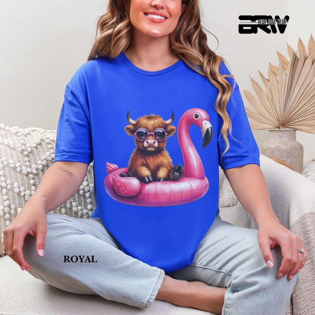 'Highland Cow- Flamingo Float' 3 Summer Tee