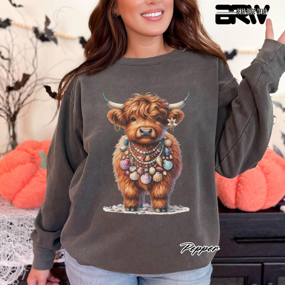 'Highland Cow-Lei-Sea Shells' Summer Crewneck Sweatshirt