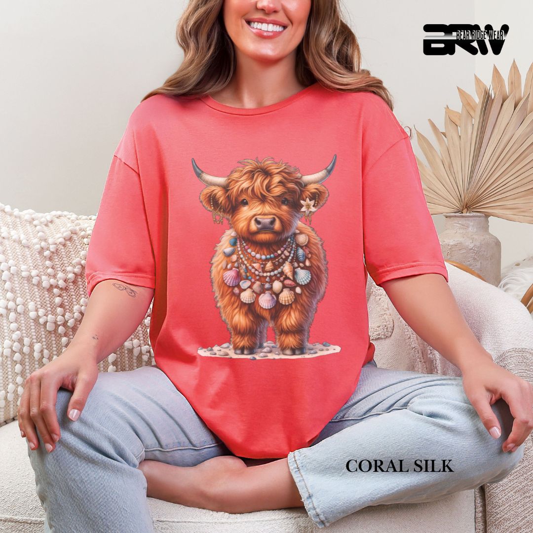 'Highland Cow-Lei Sea Shells' Summer Tee
