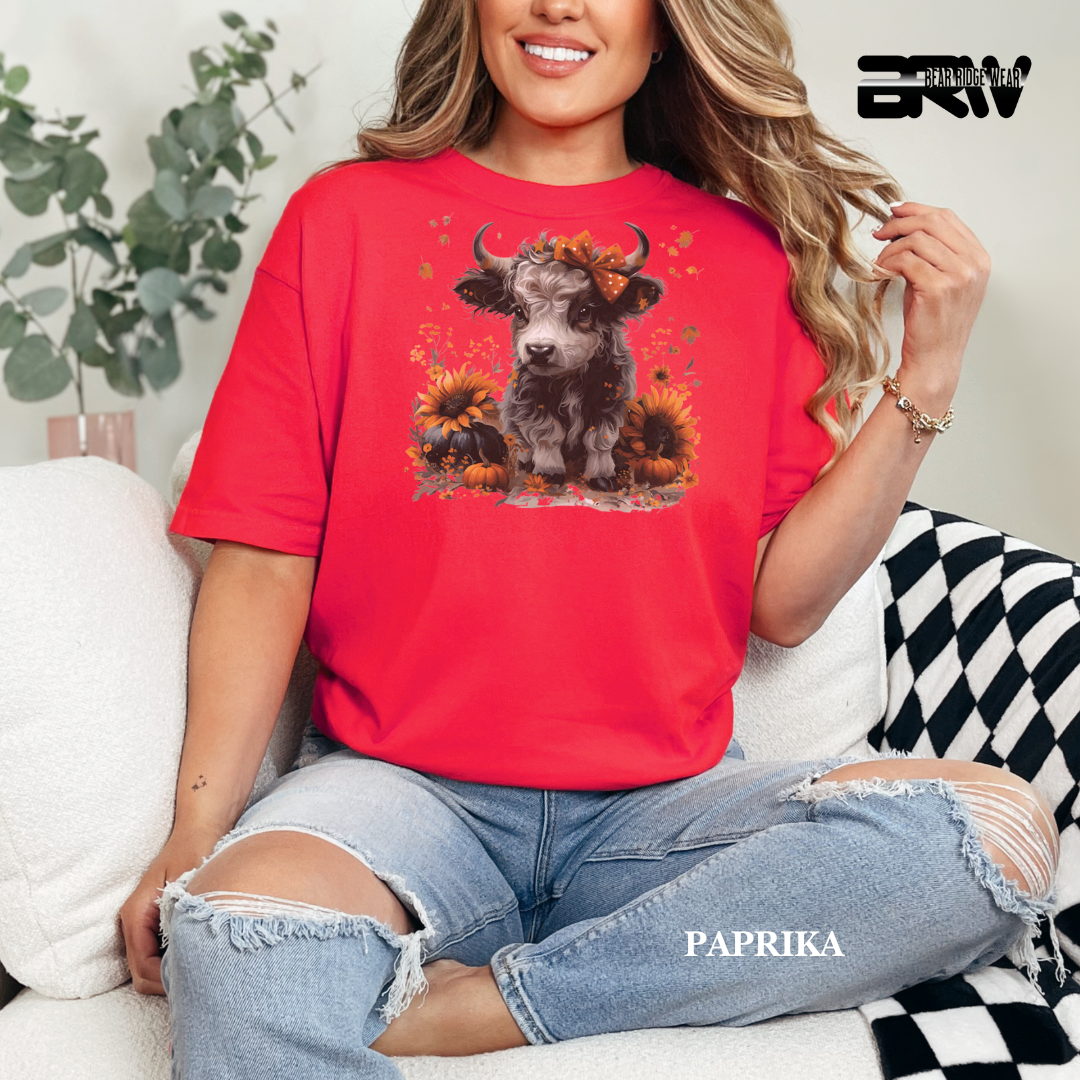 'Highland Cow-Orange Leaves' Fall Tee