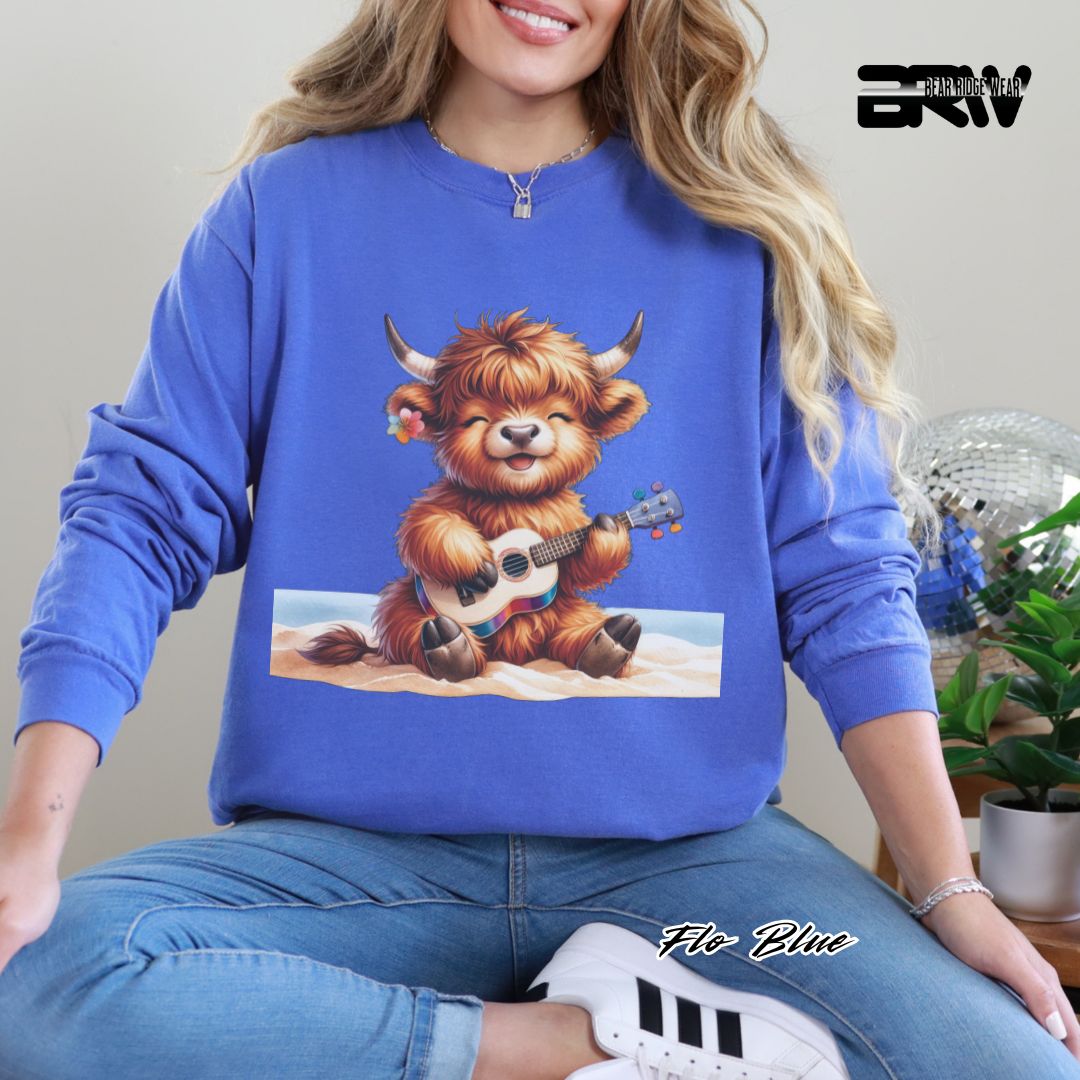 'Highland Cow Beach- Guitar' Summer Long Sleeve Tee