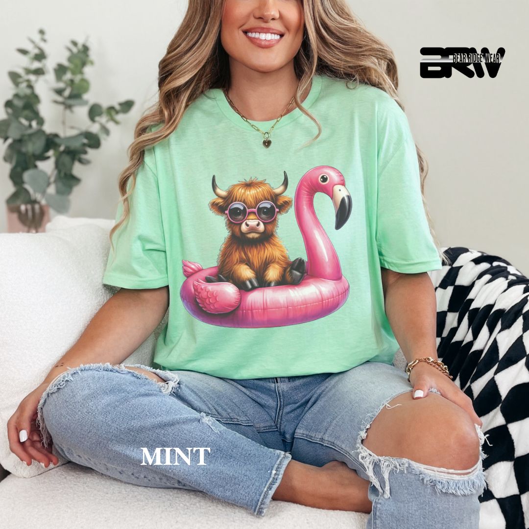 'Highland Cow- Flamingo Float' 2 Summer Tee