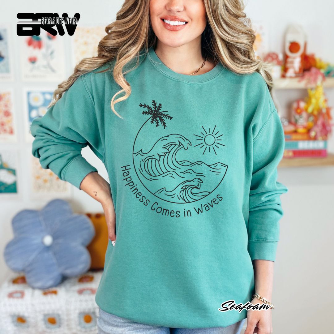 'Happiness Comes In Waves' Black Summer Crewneck Sweatshirt