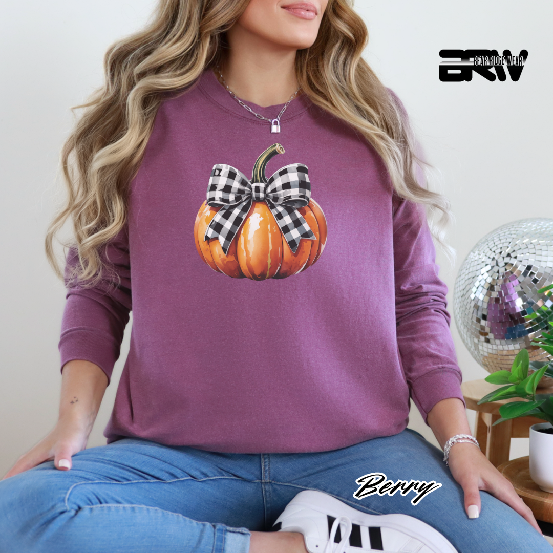 'Pumpkin With Plaid Bow' Fall Long-Sleeve Tee
