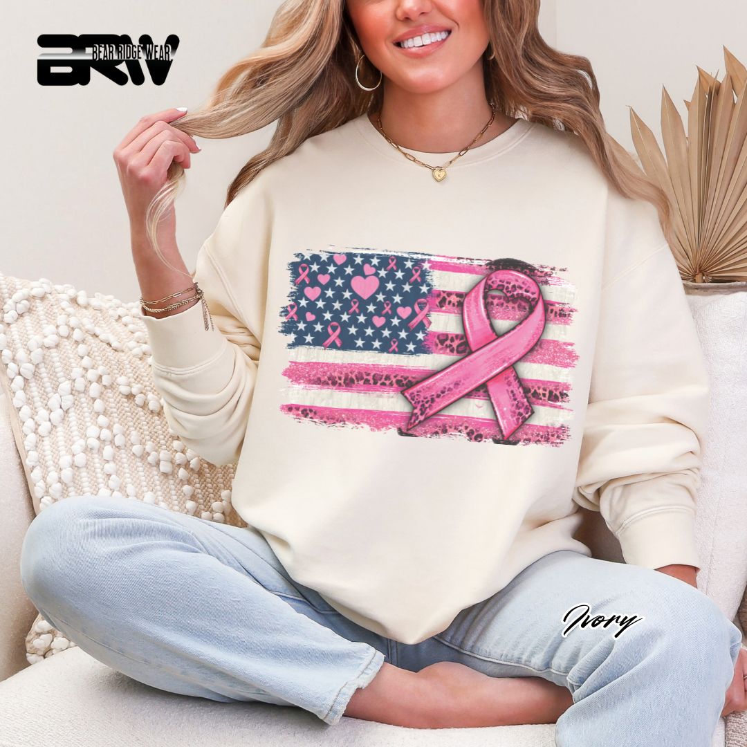 'USA Flag With Pink Ribbon' Awareness Long Sleeve Tee