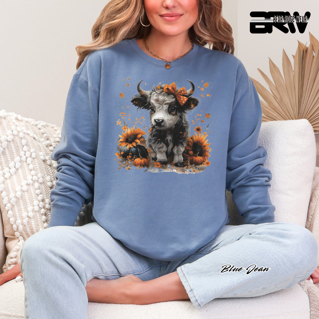 'Highland Cow-Orange Leaves' Fall Crewneck Sweatshirt