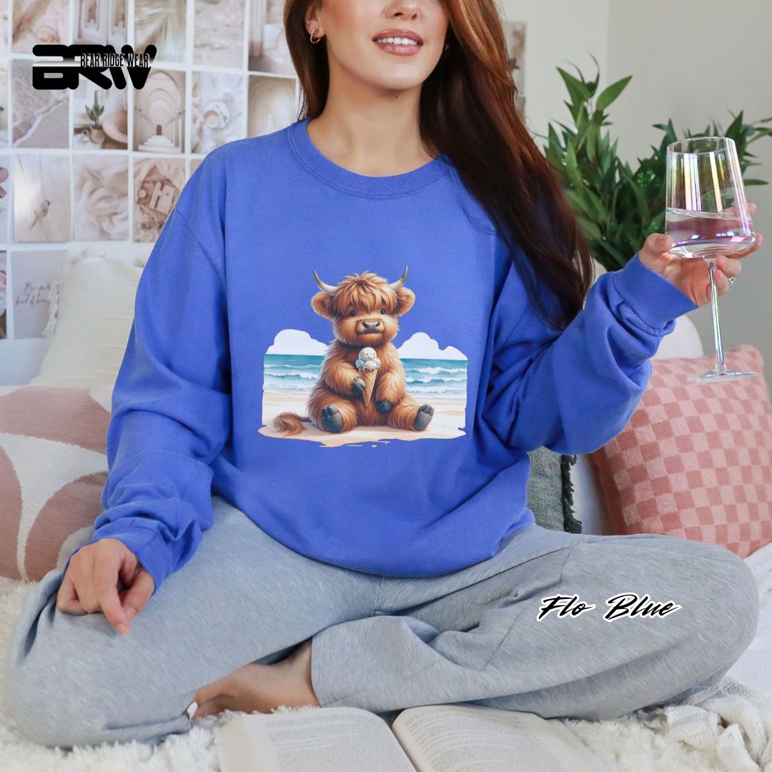 'Highland Cow Beach-Ice Cream' Summer Long Sleeve Tee