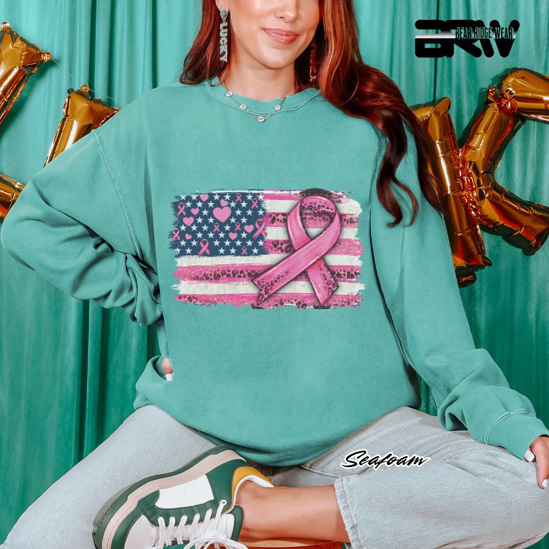 'USA Flag With Pink Ribbon' Awareness Long Sleeve Tee