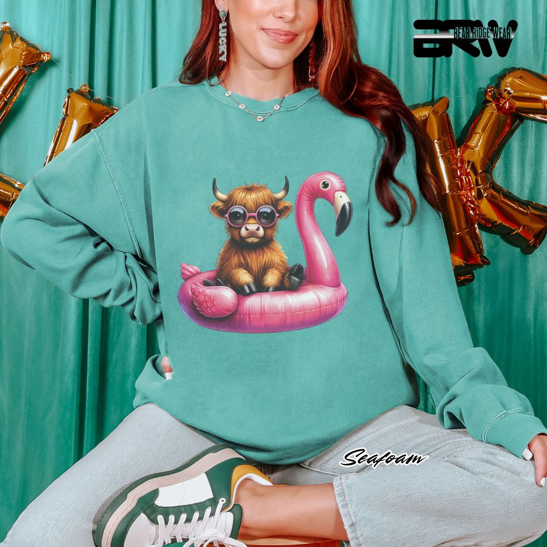 'Highland Cow-Flamingo Float' Summer Crewneck Sweatshirt