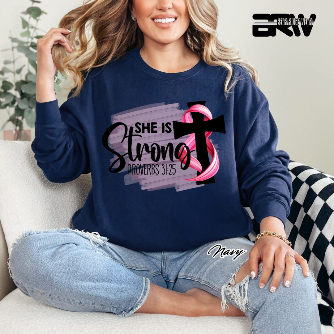 'She Is Strong, Proverbs 31:25' Awareness Crewneck Sweatshirt