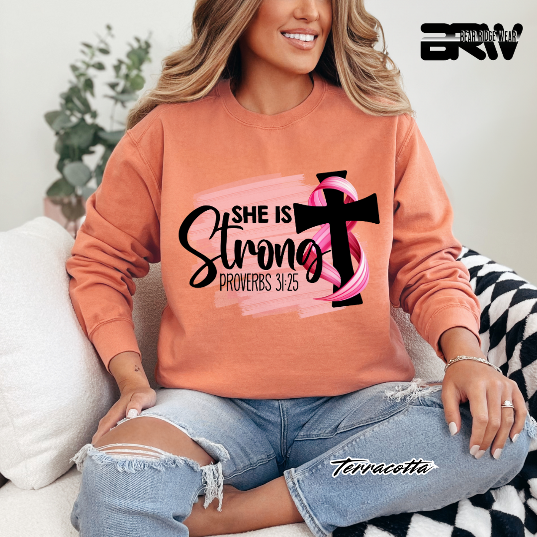 'She Is Strong, Proverbs 31:25' Awareness Crewneck Sweatshirt