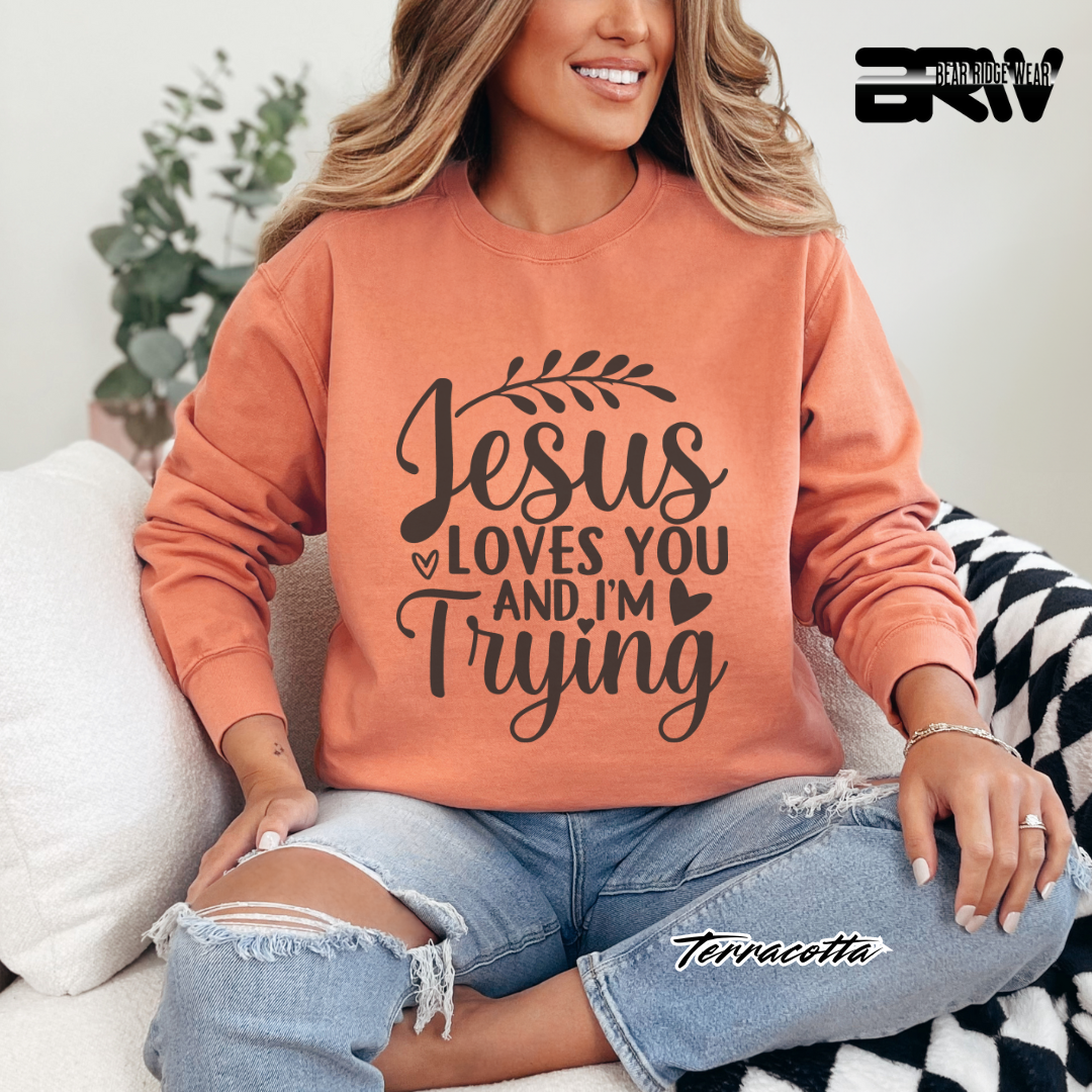 'Jesus Loves You And I'm Trying' Faith Crewneck Sweatshirt
