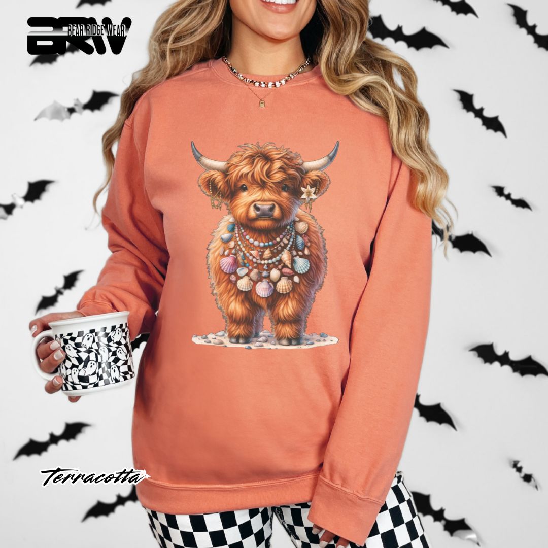 'Highland Cow-Lei-Sea Shells' Summer Crewneck Sweatshirt