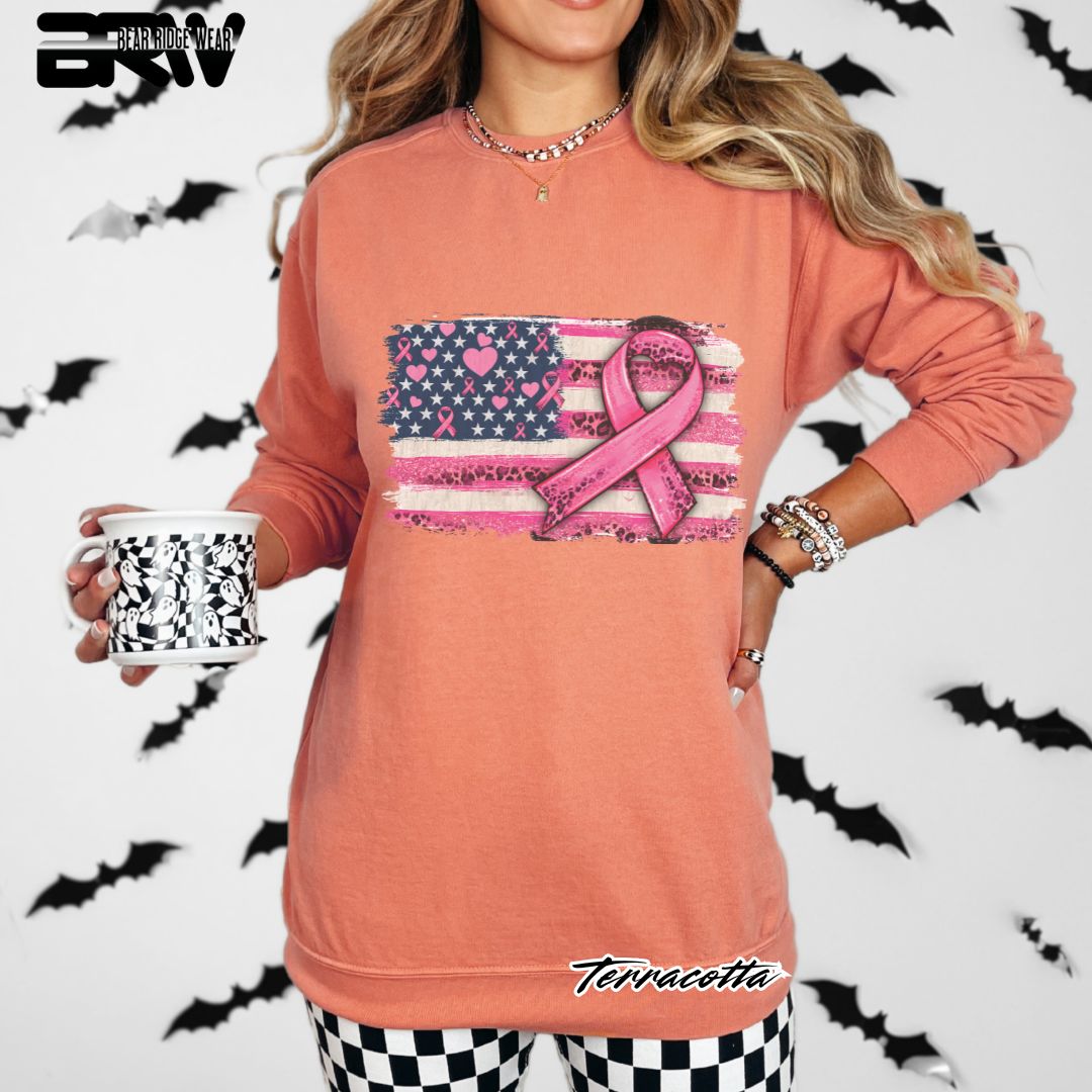 'USA Flag With Pink Ribbon' Awareness Long Sleeve Tee