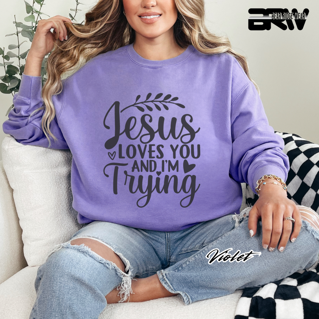 'Jesus Loves You And I'm Trying' Faith Crewneck Sweatshirt