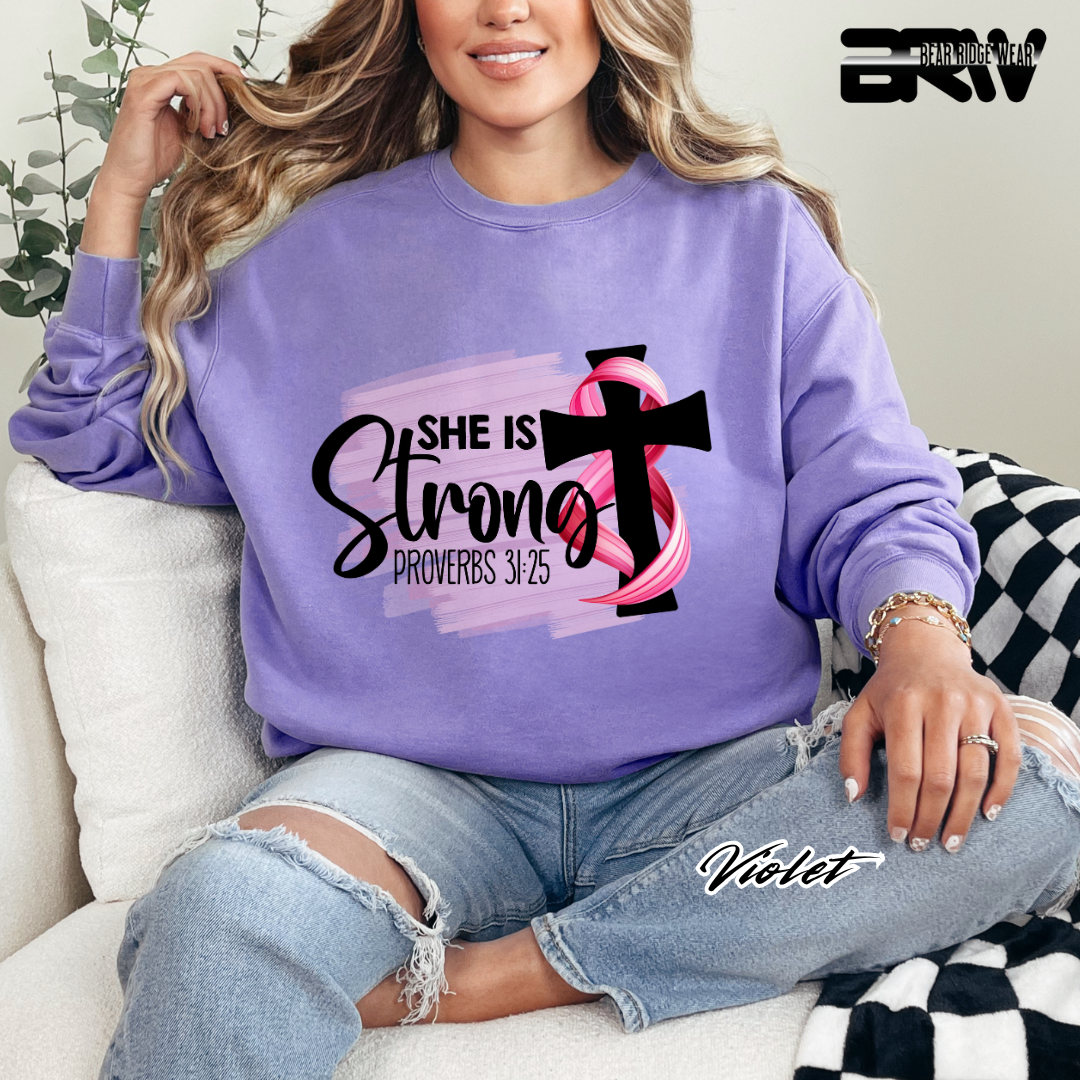 'She Is Strong, Proverbs 31:25' Awareness Crewneck Sweatshirt