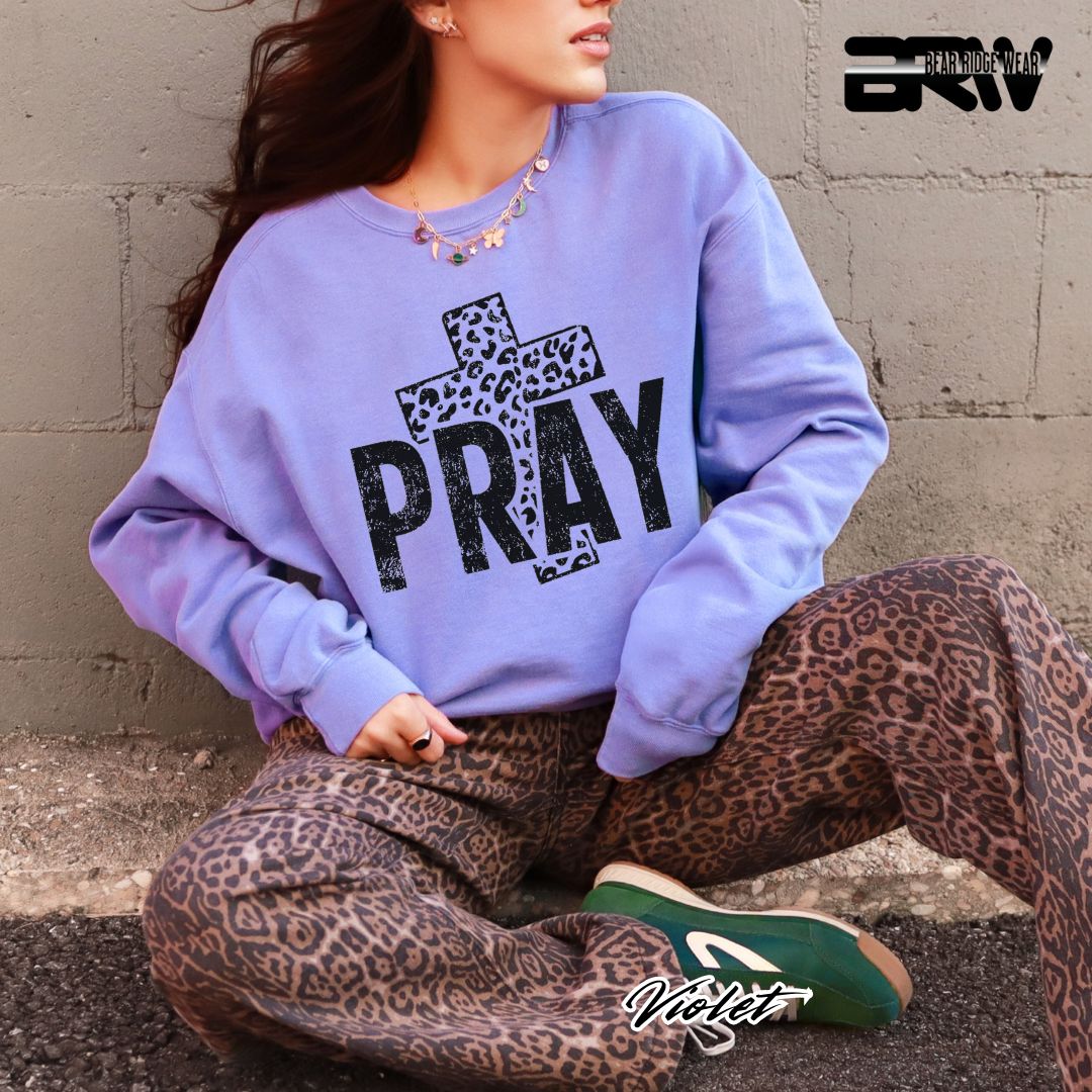 'Pray With Leopard Cross' Faith Crewneck Sweatshirt