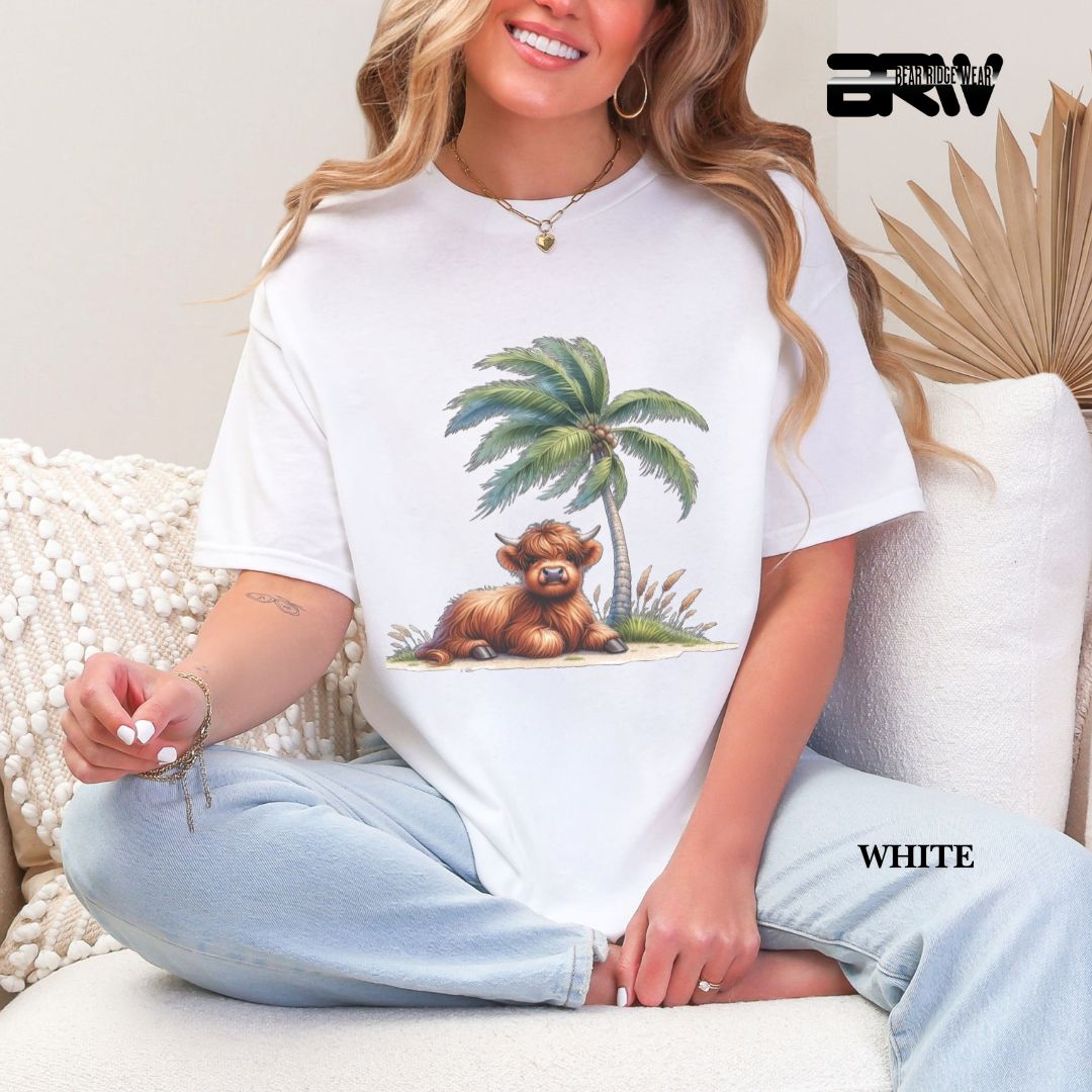'Highland Cow-Palm Tree' 3 Summer Tee