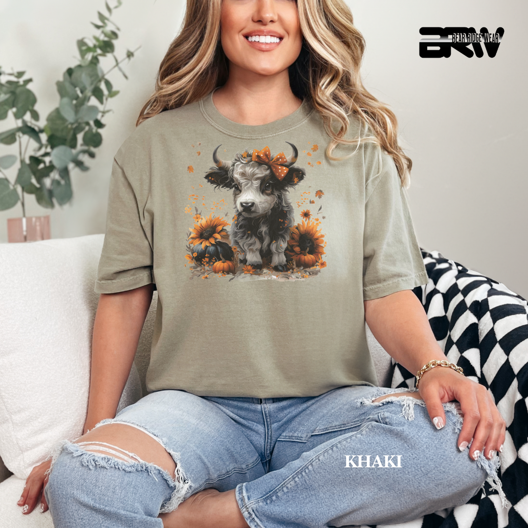 'Highland Cow-Orange Leaves' Fall Tee