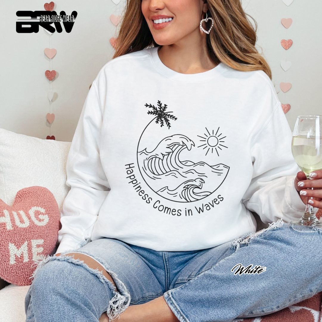 'Happiness Comes In Waves' Black Summer Crewneck Sweatshirt