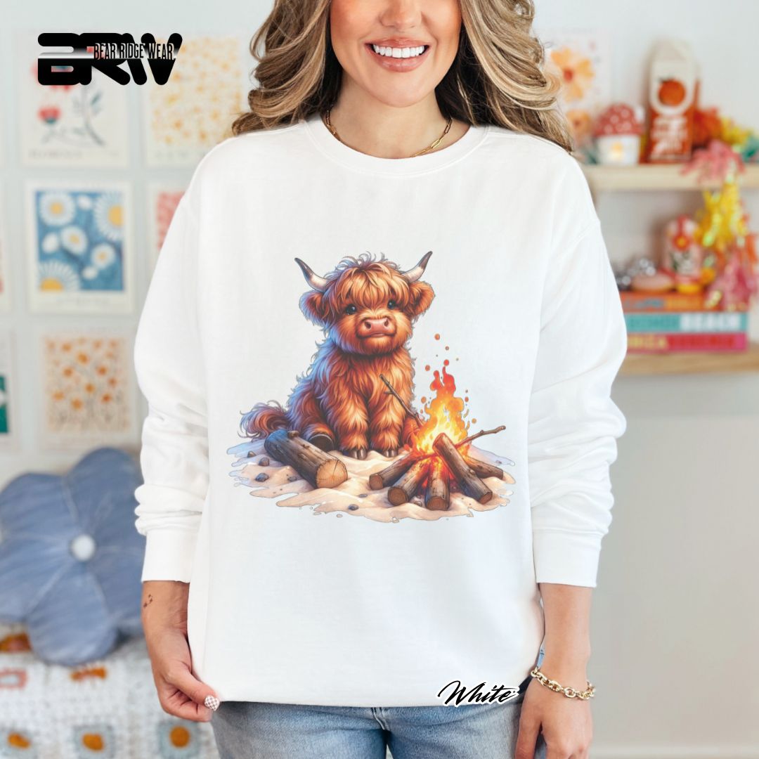 'Highland Cow-Bonfire' Black Summer Long Sleeve Tee