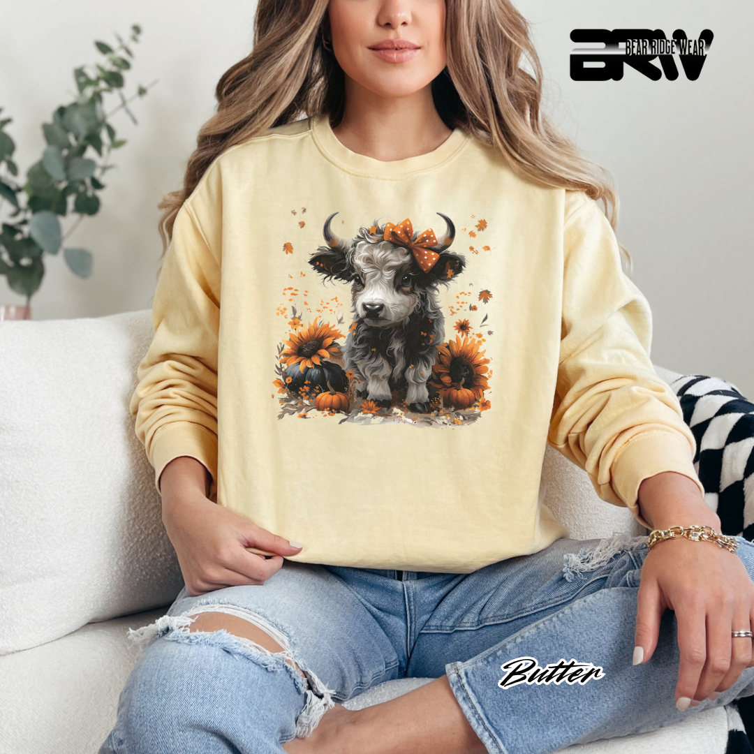 'Highland Cow-Orange Leaves' Fall Crewneck Sweatshirt