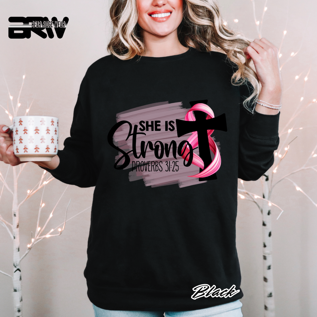 'She Is Strong, Proverbs 31:25' Awareness Crewneck Sweatshirt