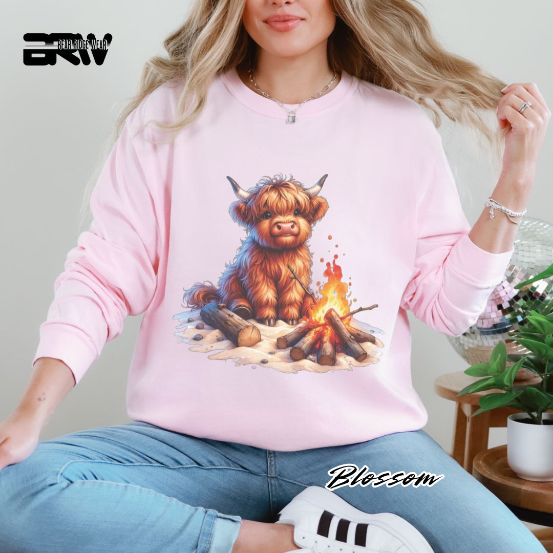 'Highland Cow Beach-Bonfire' Summer Long Sleeve Tee