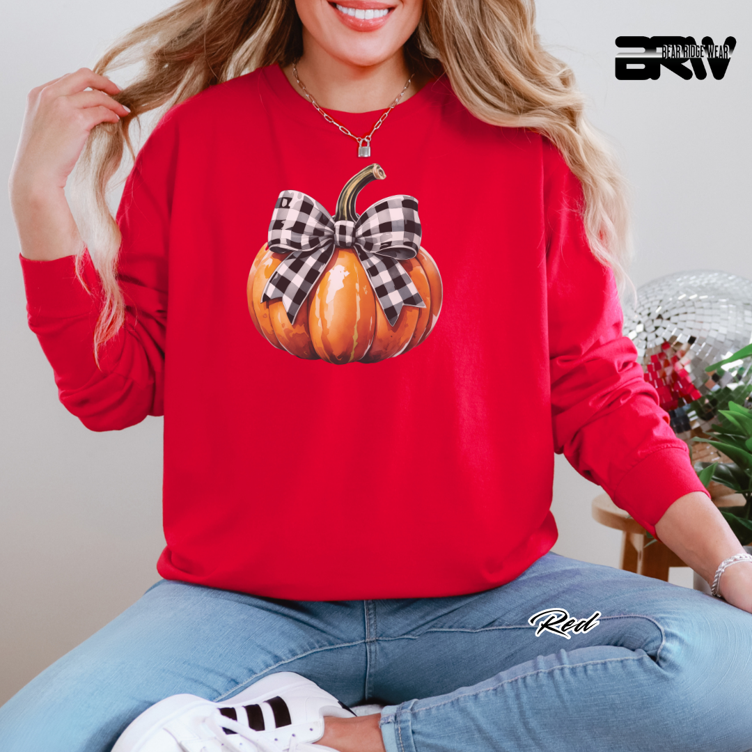 'Pumpkin With Plaid Bow' Fall Long-Sleeve Tee